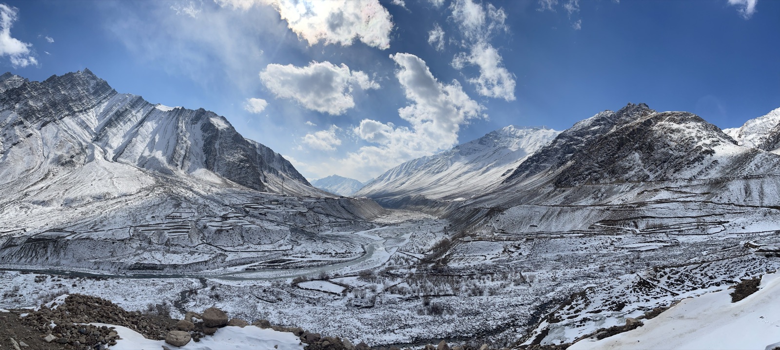 Panorama of a high snowy valley